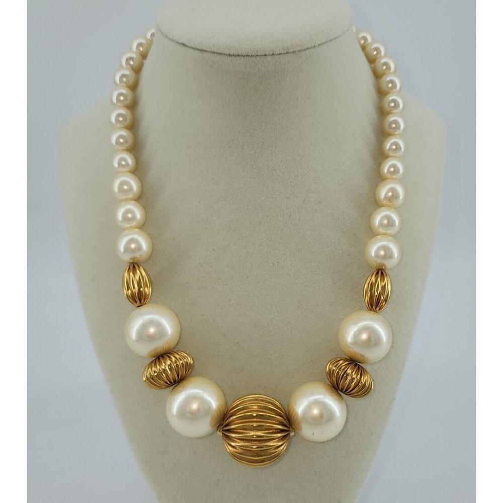 Vintage Signed NAPIER Graduated Faux Pearl/ Large Gold Bead Chain Necklace Heavy